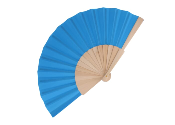 Éventail promotionnel coloré en bois et polyester recyclé Bleu clair